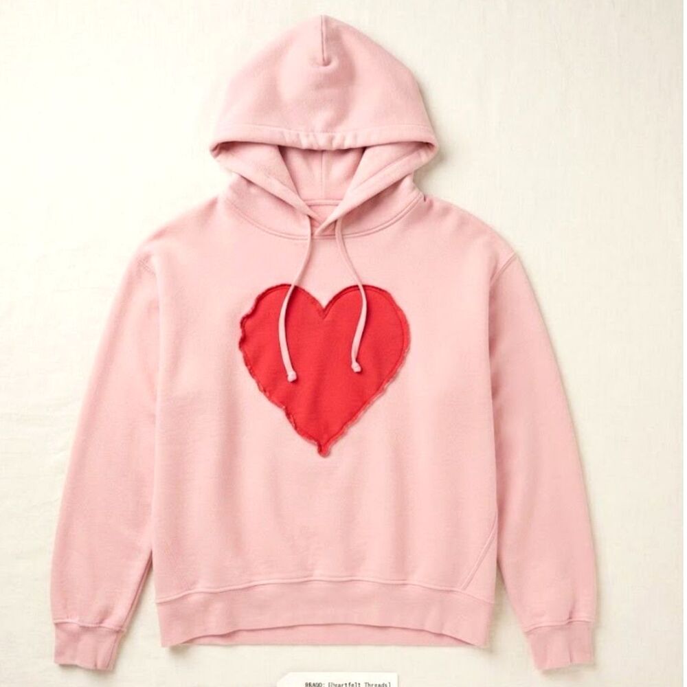 Modern Lux Light Pink Hoodie Sweatshirt Red Raw Edge Heart Patch Size L